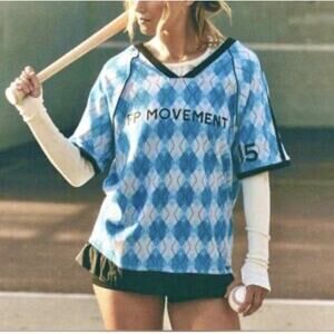 NWT! Free People Movement M Baseline Printed Tee Argyle Light Blue Combo Sport